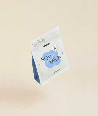 A 3L pouch of soy milk floating in the air