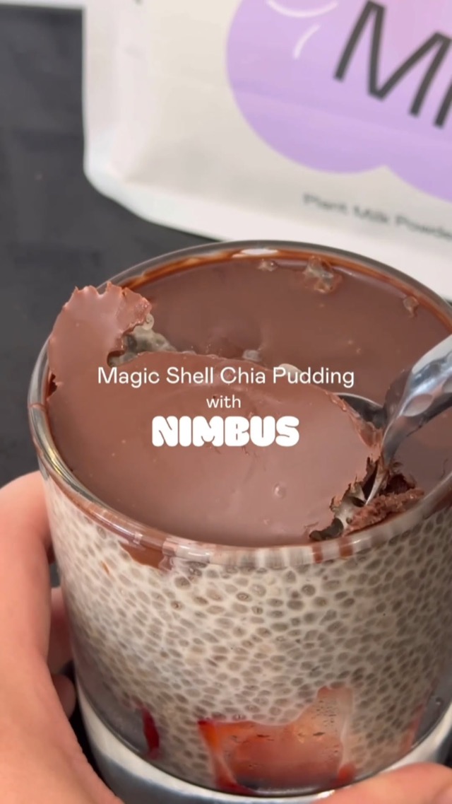 Nimbus chia pudding with strawberries and a cracked chocolate shell